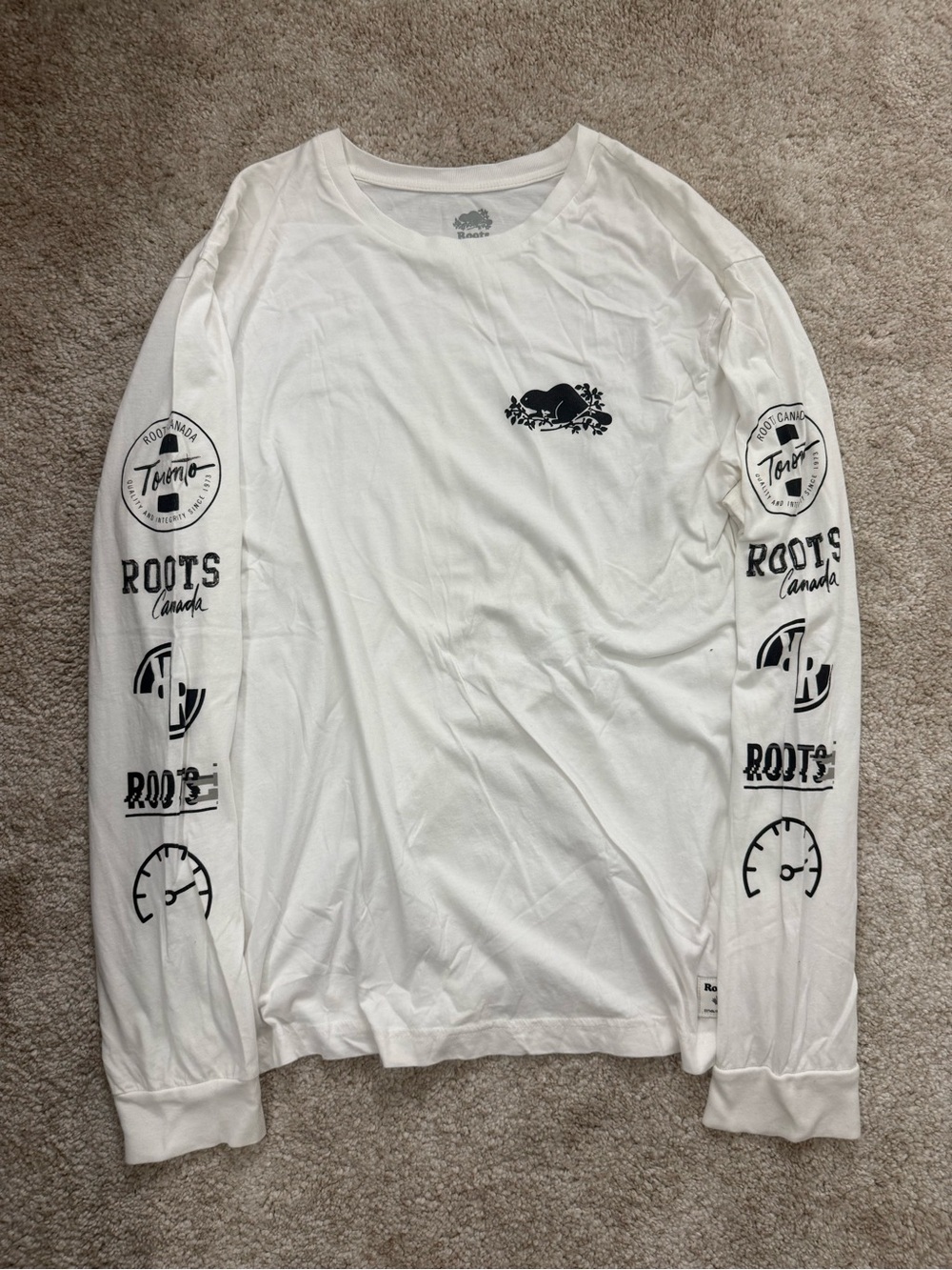 Roots White Long-Sleeve Graphic Logo Tee with Black Prints